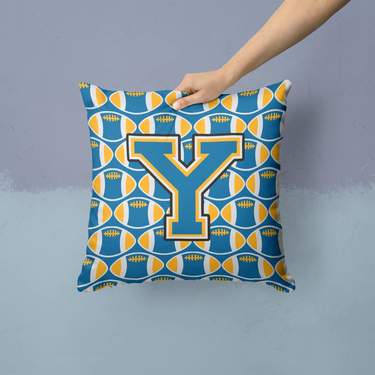 Caroline's Treasures CJ1077-YPW1414 Letter Y Football Blue and Gold Fabric Decorative Pillow Machine Washable, Indoor Outdoor Decorative Pillow for Couch, Bed or Patio, 14Hx14W