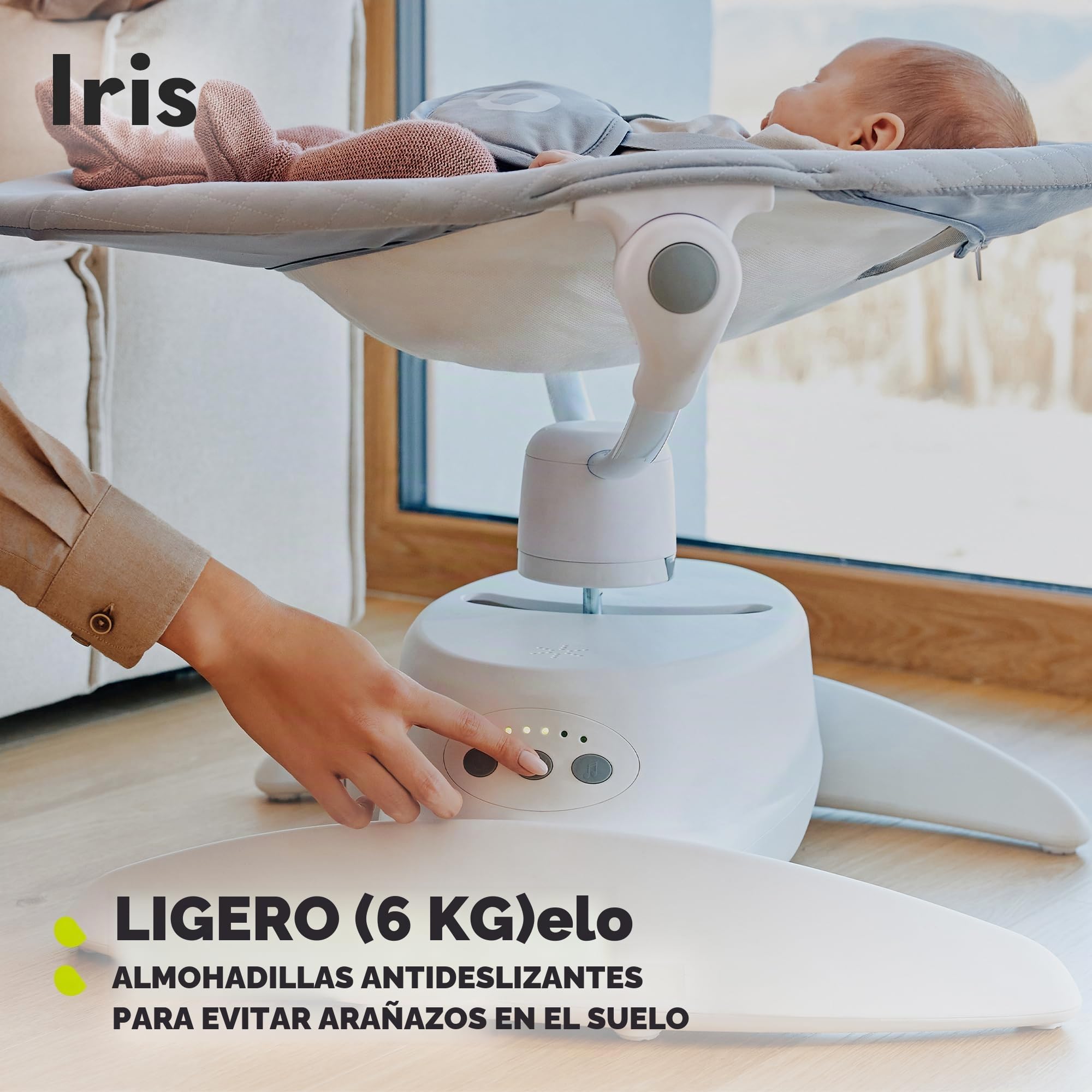 LIONELO Iris Hamaca Mecedora Eléctrica Giratoria 360º para Bebés de hasta 9 kg con Ajuste del Respaldo, 5 Velocidades de Balanceo, Cinturones de Seguridad Antideslizante (Beige)