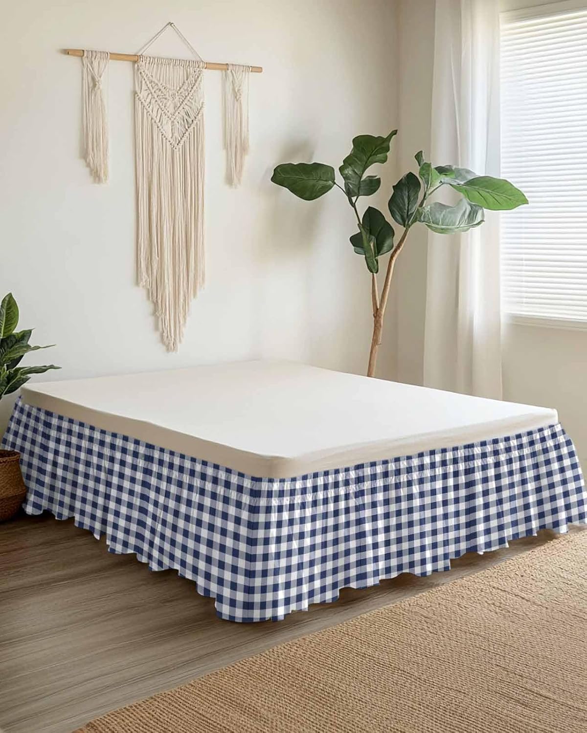Bed Skirt Navy Plaid Bed Skirt 16 Inch Drop Buffalo Check Geometric Checker Pattern Elastic Wrap Around Bed Skirt Dust Ruffle for Queen Size Bed