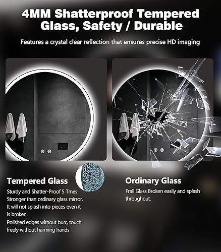 Miniatura 6 de Espejo de baño LED de 28 pulgadas espejo de tocador redondo con luces, regulable y cambio de 3 colores, retroiluminación y luz delantera, vidrio