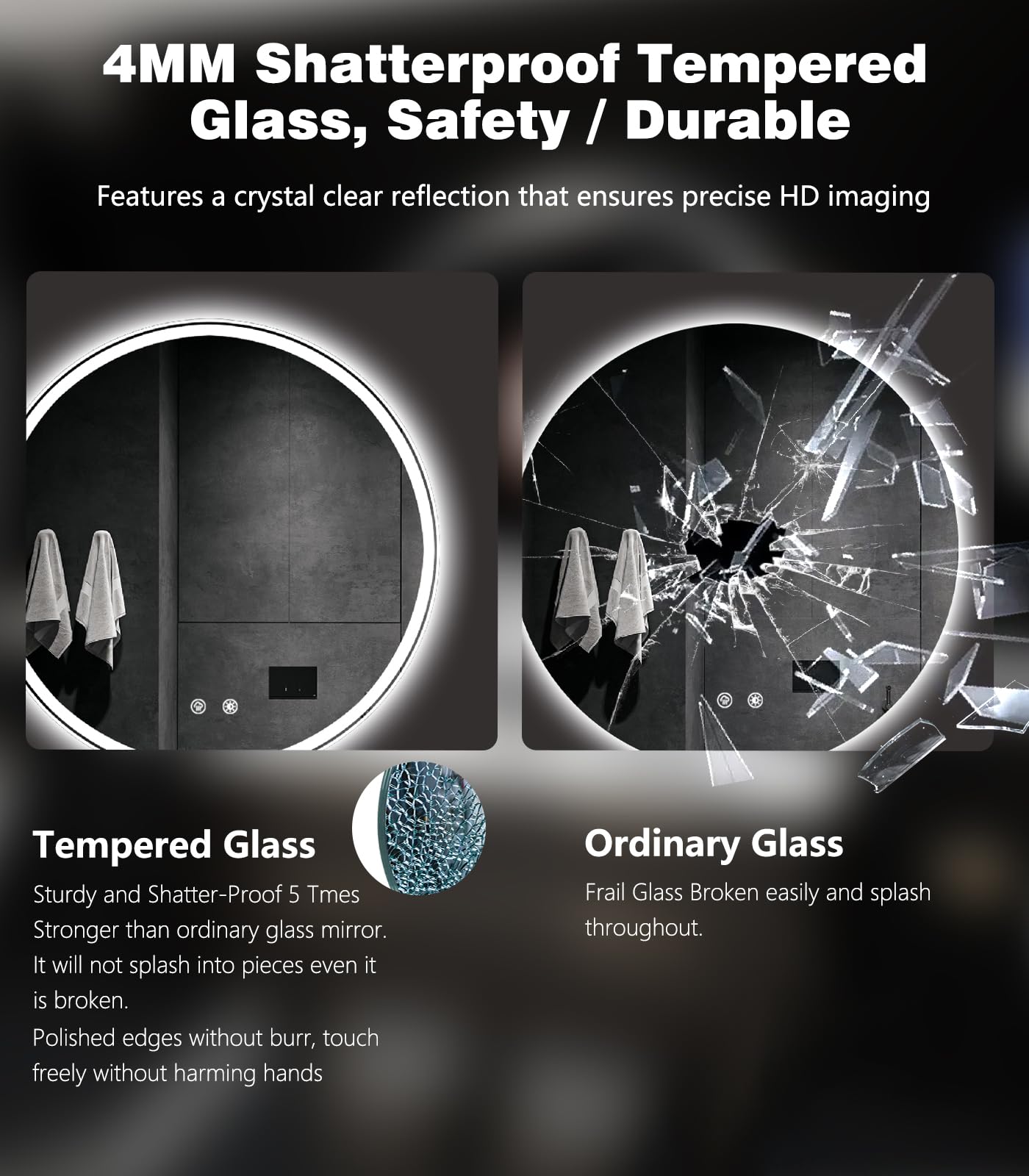 24 Inch LED Bathroom Mirror Round Vanity Mirror with Lights Dimmable 3 Color Change Backlit Front Lit 4MM — view 6