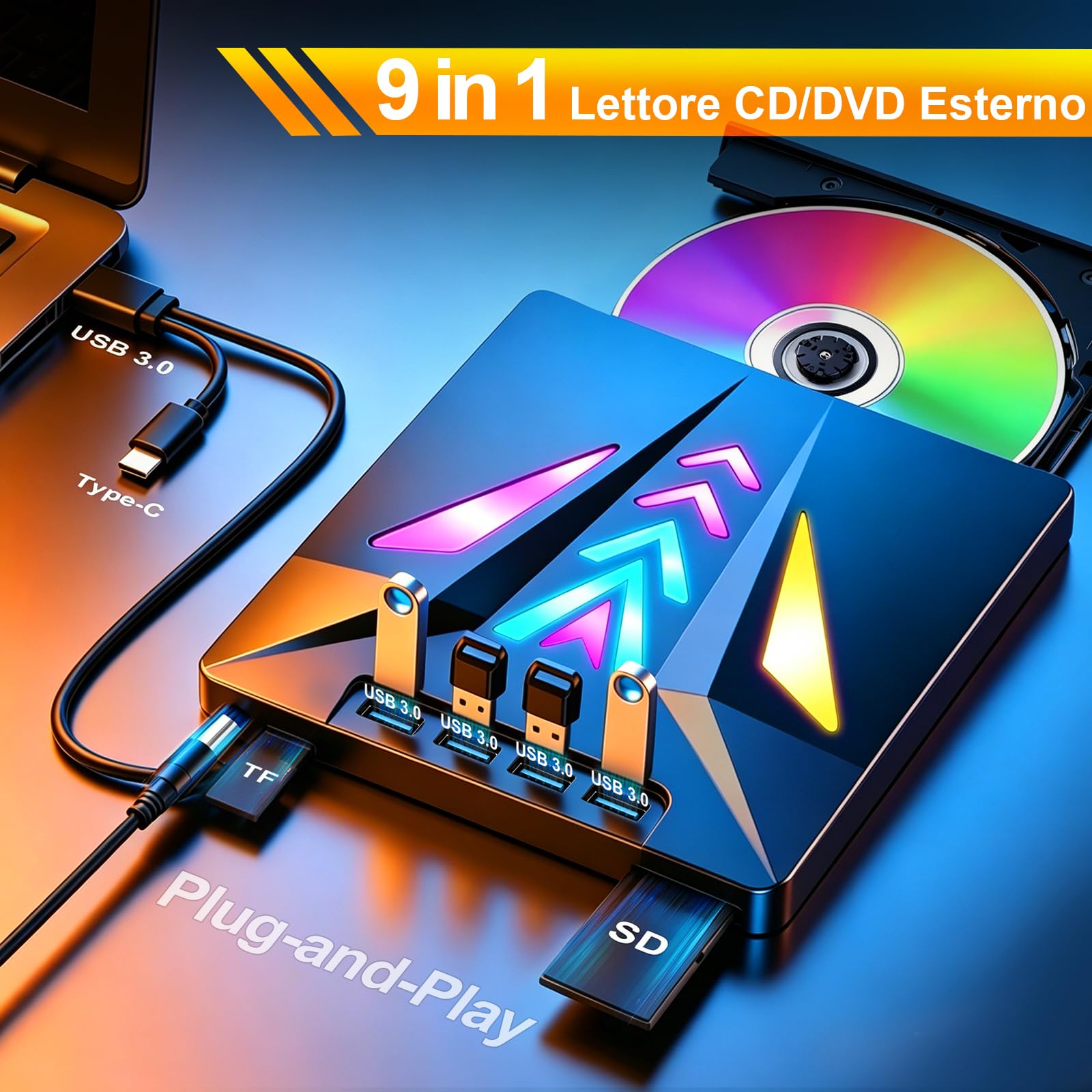 Lettore CD DVD Esterno per PC Portatile, Masterizzatore DVD Esterno USB 3.0 | -/+RW/ROM Drive con 4 Porte USB Portatile Velocità 5 Gbps per Laptop, Desktop, Windows 11/10/8/7/XP/Vista, Linux, MacOS