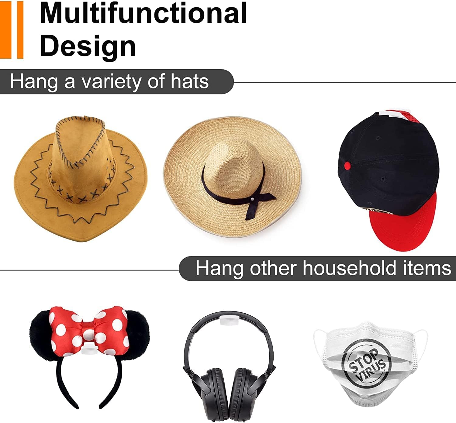 LUNCY Adhesive Hat Hooks for Wall (30-Pack) Minimalist Hat Rack Design| No Drilling| Strong Hold Cowboy Hat Hanger to Display for Door,Closet - Hat Racks for Baseball Caps(White)