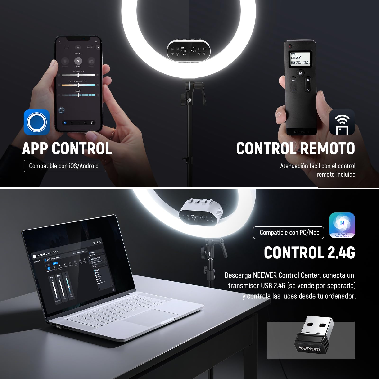 NEEWER 19" 100W Aro Luz LED con Trípode & 3 Soportes Teléfono Compatible con iPhone, 2900-7000 K CRI97+, App & 2,4G Control, Ideal para Selfis Grabación Vídeo Maquillaje Streaming, RH100