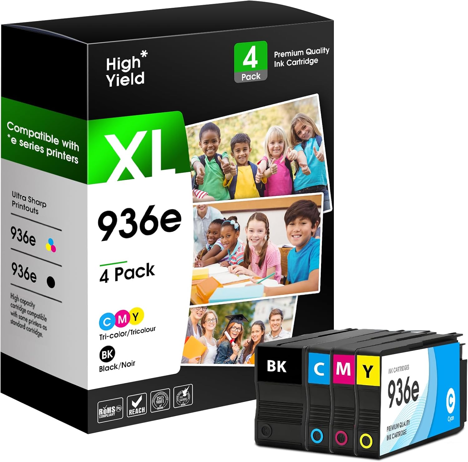 936e 936XL Ink Cartridges Compatible for HP 936 Ink Cartridges Works with OfficeJet 9122e; OfficeJet Pro 9110b, 9125e, 9128e, 9130b, 9135e; OfficeJet Pro Wide Format 9730e (936e BK C M Y)