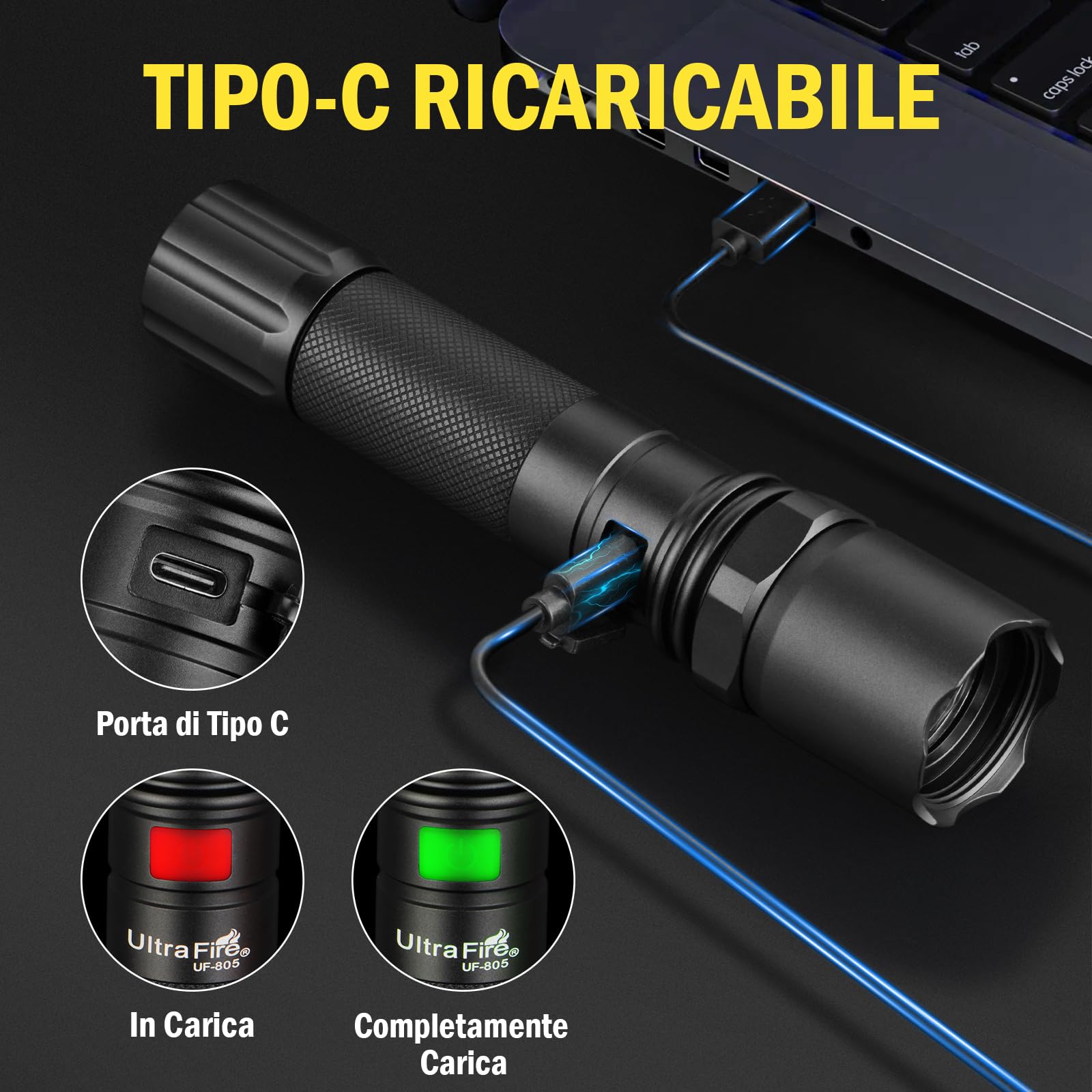 UltraFire Torcia a LED ricaricabile da 12 pollici, 619 lumen, torcia di sicurezza, 3 modalità con lampeggio rosso, USB-C, per il controllo del traffico, aeroporto, vigili del fuoco, parcheggio