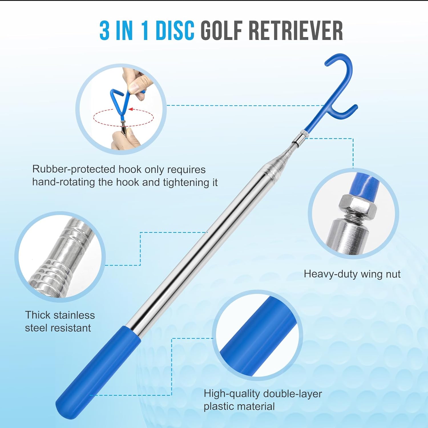 Disc Golf Retriever Pole 16 Feet, Telescopic Discs Retriever with Durable Stainless Steel Frame and Carry Bag - Extendable Golf Accessories Grabber to Retrieve Discs in Water, Trees, Bushes
