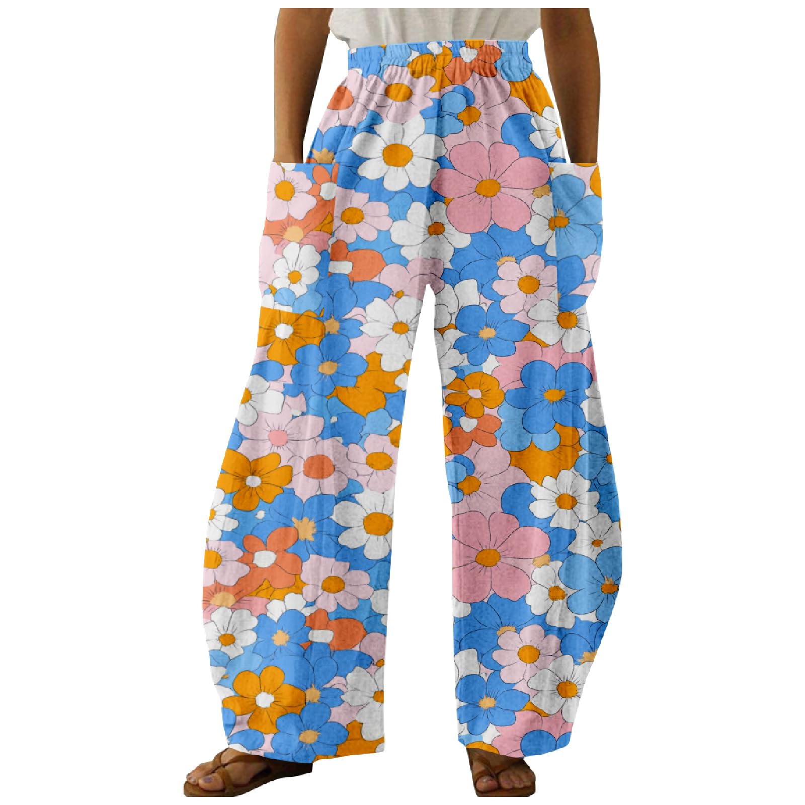 MARSVOVO Womens Summer Pants Lounge Comfy Elastic High Waisted Trousers Casual Beach Pants with Pockets