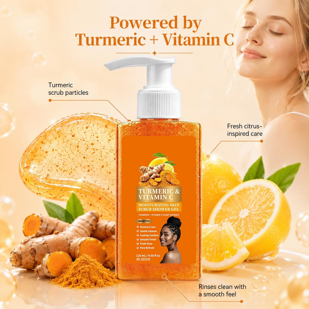 Gel Doccia Scrub Con Curcuma E Vitamina C - Detergente Esfoliante per corpo per uomini e donne, trattamento quotidiano idratante per pelle secca, gel detergente (5 pezzi)