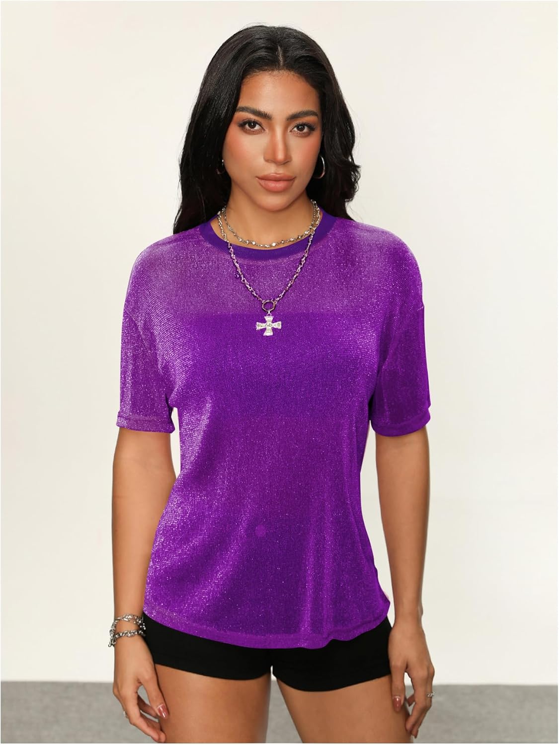 OYOANGLE Women's Sparkly Glitter Rave Going Out Top Short Sleeve See Through Blouse Summer Loose Mesh Shirt - Image 6