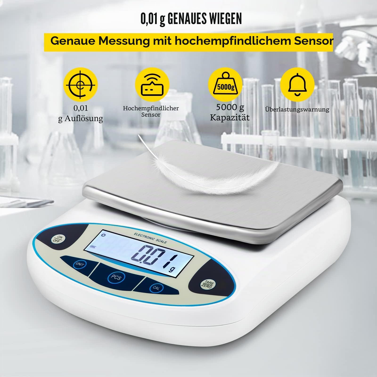 VEVOR Präzisionswaage 5000g 0.01g Hochpräzise Digitale Elektronische Waage Labor-Analysewaagen Laborwaage Schulwaage Schmuckwaage Feinwaage digital Milligramm Waage Digitalwaage Kalibriergewicht