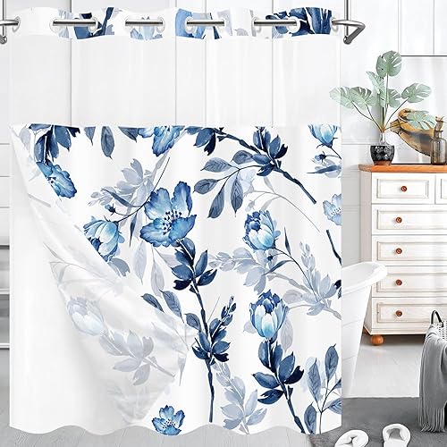 Miniatura 3 de Cortina de ducha sin gancho con forro a presión, cortina de ducha azul acuarela azul oscuro con forro, ventana superior de malla transparente, tela