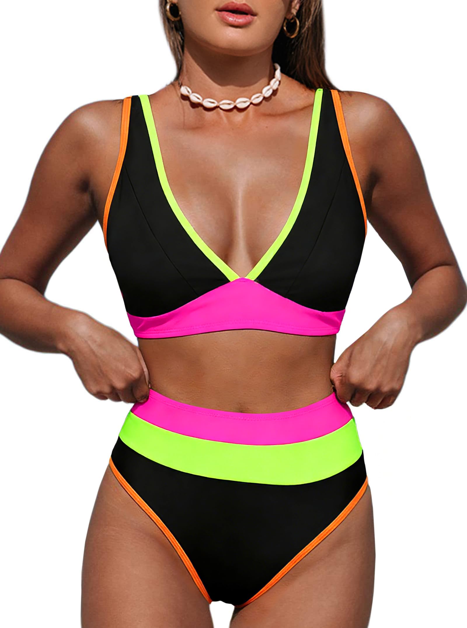 Hilinker Women's Leopard Bikini Swimsuits V Neck High Waisted 2 Piece Bathing Suits