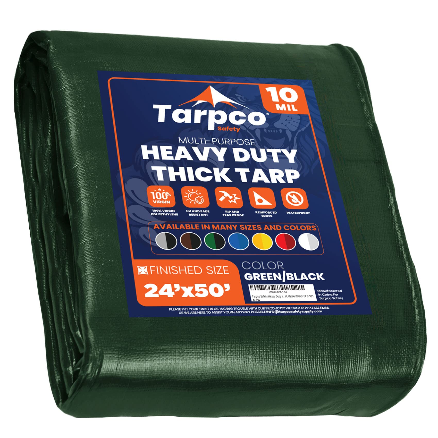 Heavy Duty 10 Mil Tarp Cover, Waterproof, UV Resistant, Rip and Tear Proof, Poly Tarpaulin with Reinforced Edges for Camping, Roof, Patio, Pool, Boat. (Green/Black 24′ X 50′)