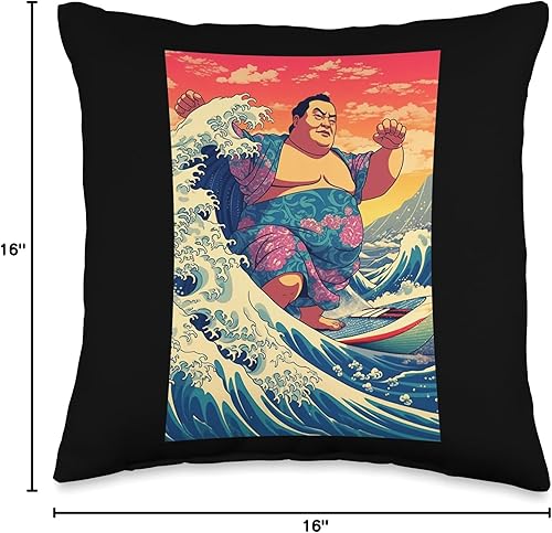 Miniatura 4 de Funny Sumo Wrestler Surfing on Kanagawa Wave - Almohada de 16 x 16 pulgadas, multicolor