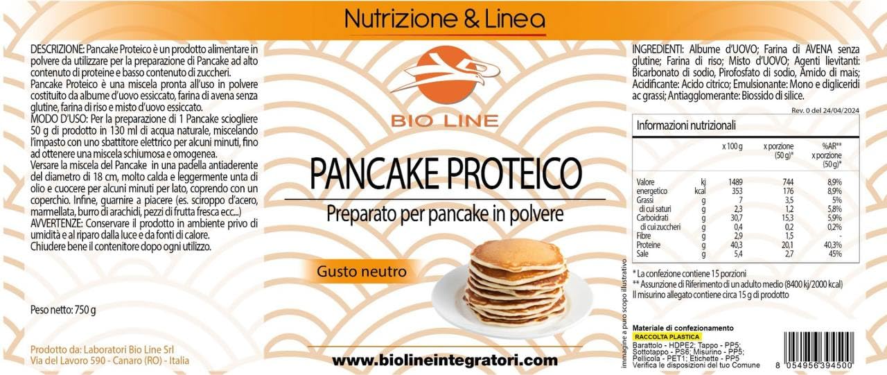 Laboratori Bio Line - Preparato per Pancake ad Alto Contenuto Proteico con Albume d'Uovo, Farina di Avena Senza Glutine (750 gr) Ideale per Colazione Proteica con Pochi Zuccheri (Gusto Neutro)