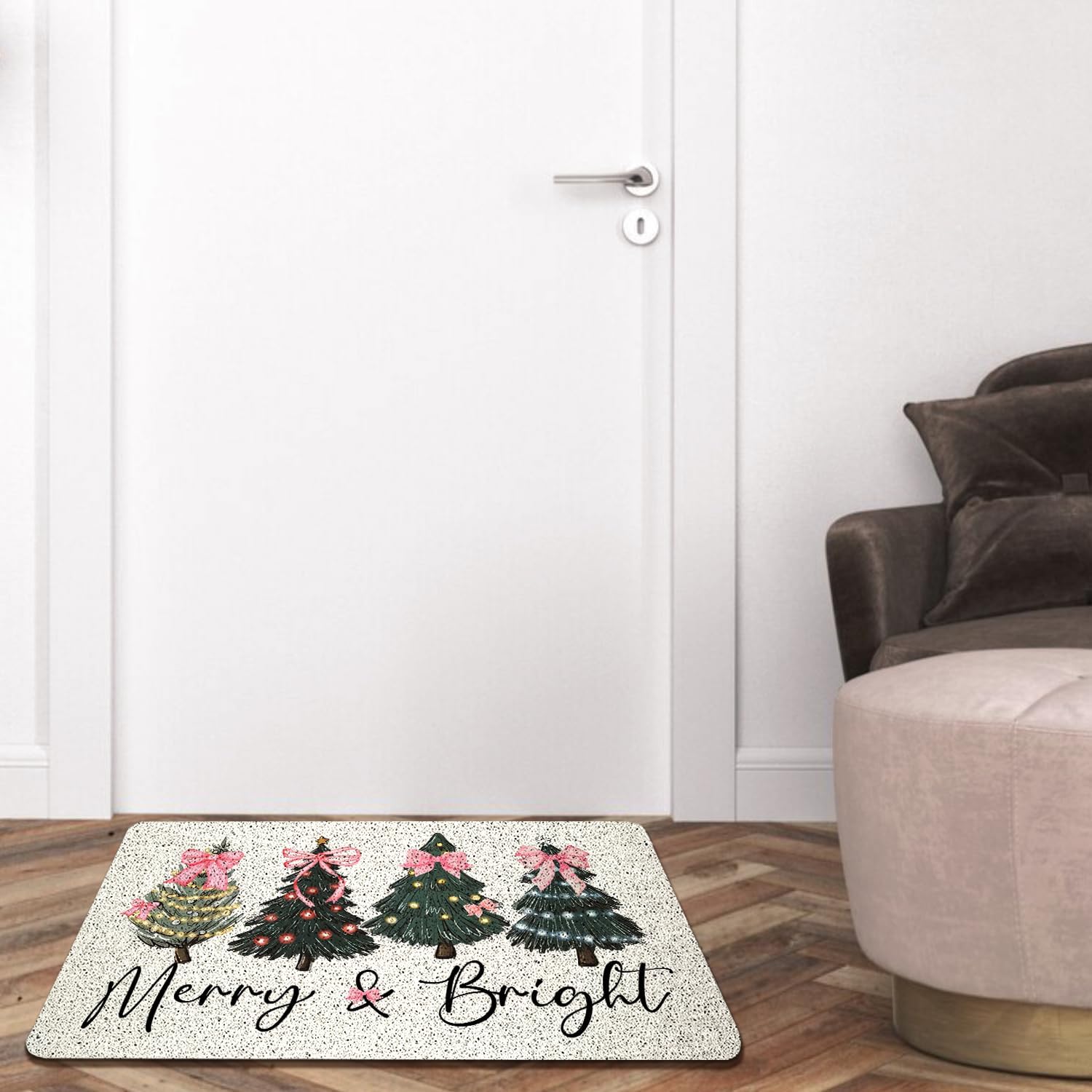 Merry and Bright Christmas Door Mat, Coquette Pink Bow Christmas Trees Door Mats Outside, Christmas Welcome Mat for Front Door, Christmas Mats for Front Door Porch, 17x30 Inches