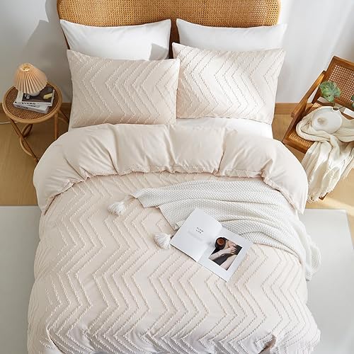 Miniatura 3 de Nayoroom Juego de funda de edredón bohemia, tamaño Queen, color beige, con textura de cheurón, juego de ropa de cama de 3 piezas de microfibra