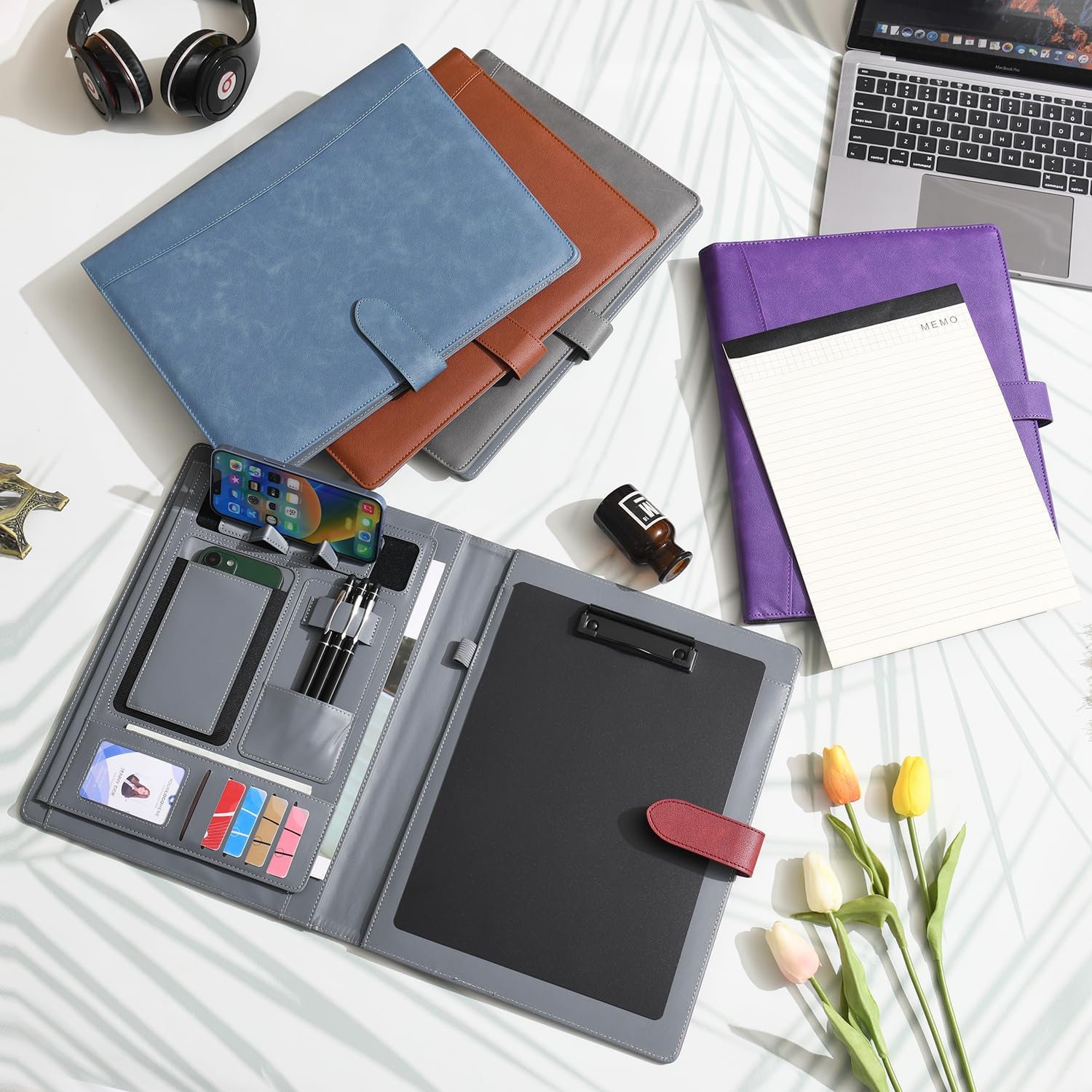 Wason Portfolio Padfolio A4 Leather PU Folder File Document Holder Case with Writing Pad Removable Clipboard Card Stationary Case Phone Tablet Stand for Organizer Office Travel School (Blue)