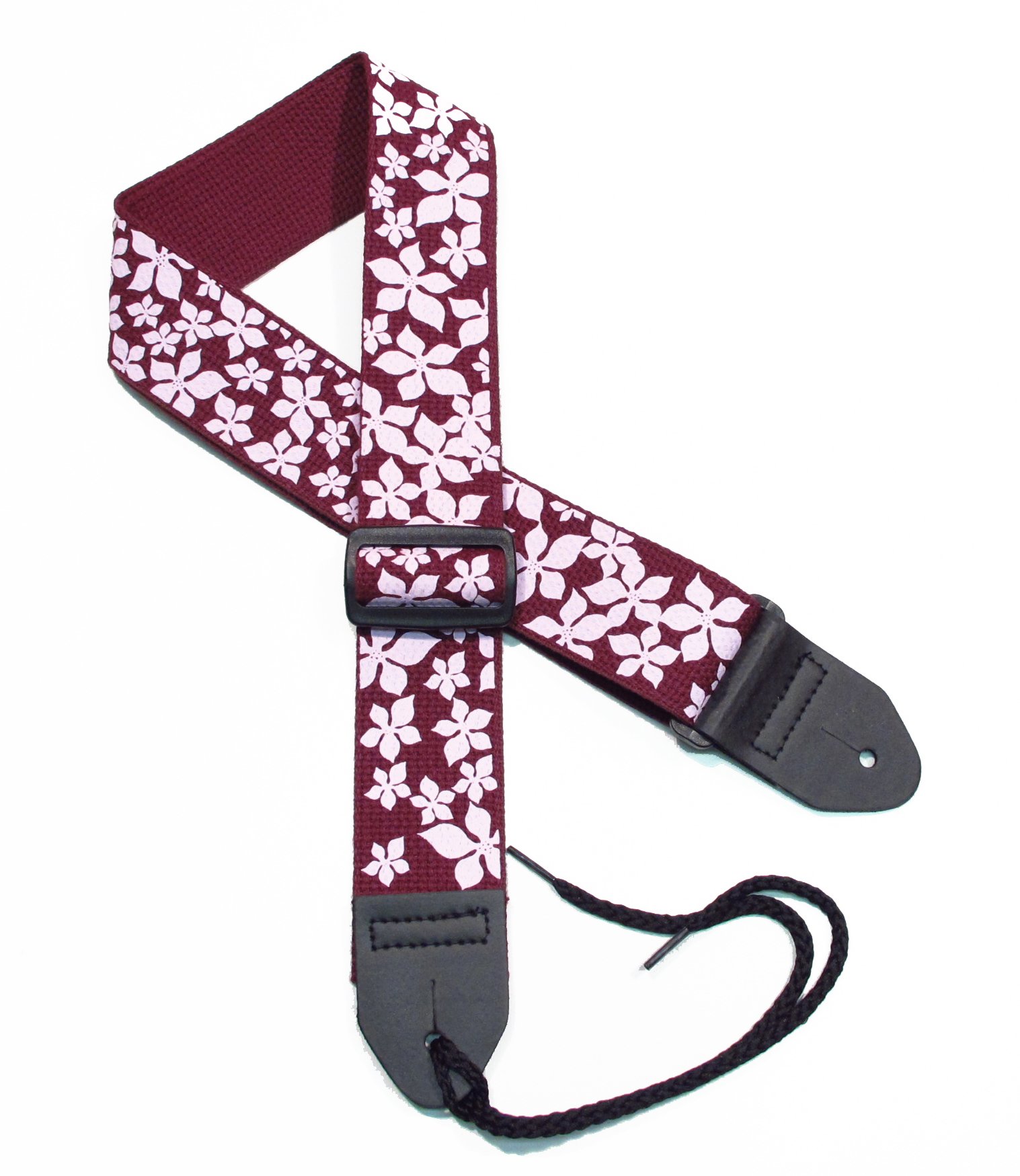 Girls Guitar Strap 2" Guitar Strap with Starflower in Pastel Pink on Black Cherry Cotton Strap