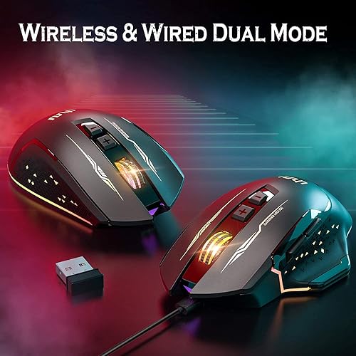 Miniatura 2 de UHURU Mouse inalámbrico para juegos, con cable e inalámbrico, doble modos, recargable RGB con 7 botones programables, ergonómico y 5 niveles de DPI