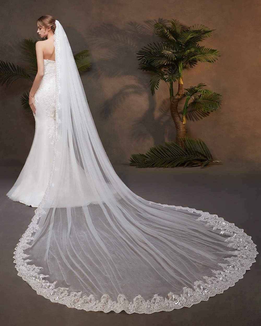 EllieHouse Womens Long Cathedral Sequin Lace Wedding Bridal Veil With Metal Comb L92