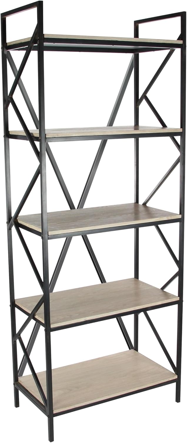 Industrial Brown Wood and Black Metal 5-Tier Étagère