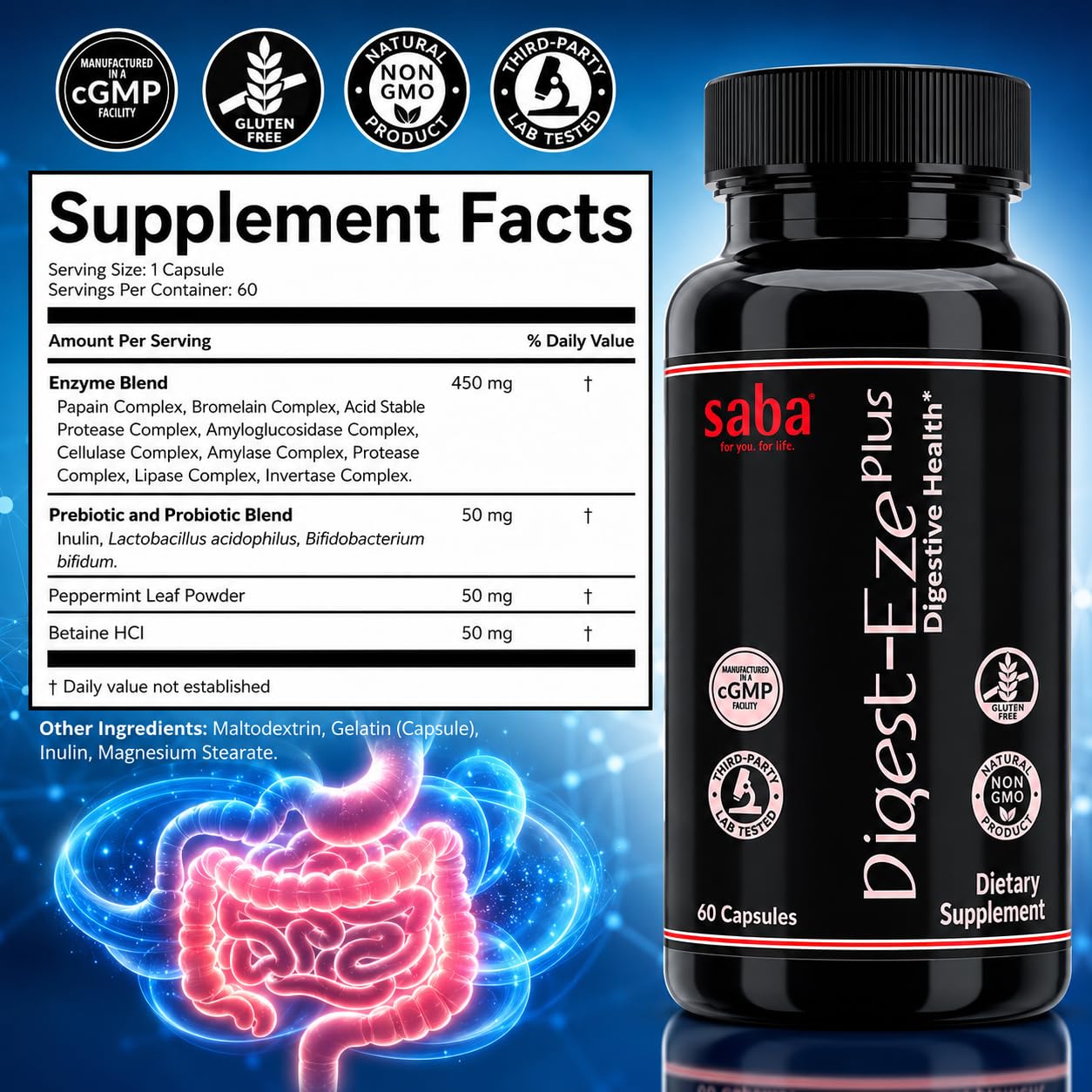 Saba Digest-Eze Plus Digestive Enzymes with Probiotics & Prebiotics - Broad Spectrum Enzyme Blend with Bromelain & Papain - Digestive Comfort, Gut Health & Nutrient Absorption Support - 60 Capsules — Amazon image 2