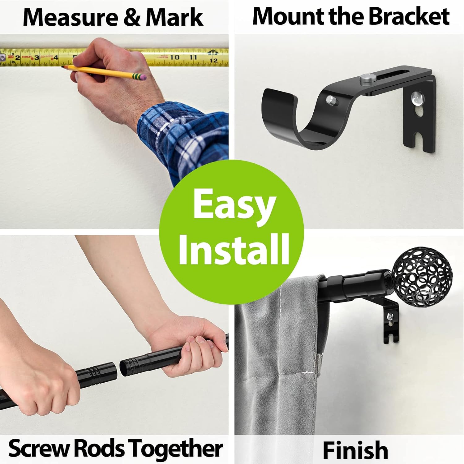 Curtain rods 66 to 144 inch Extra Long for Living Room, Adjustable Black Curtain Rods for Windows Treatment, 1" Diameter Heavy Duty Metal Drapery Rod Set, Decorative Ball Cage Finials