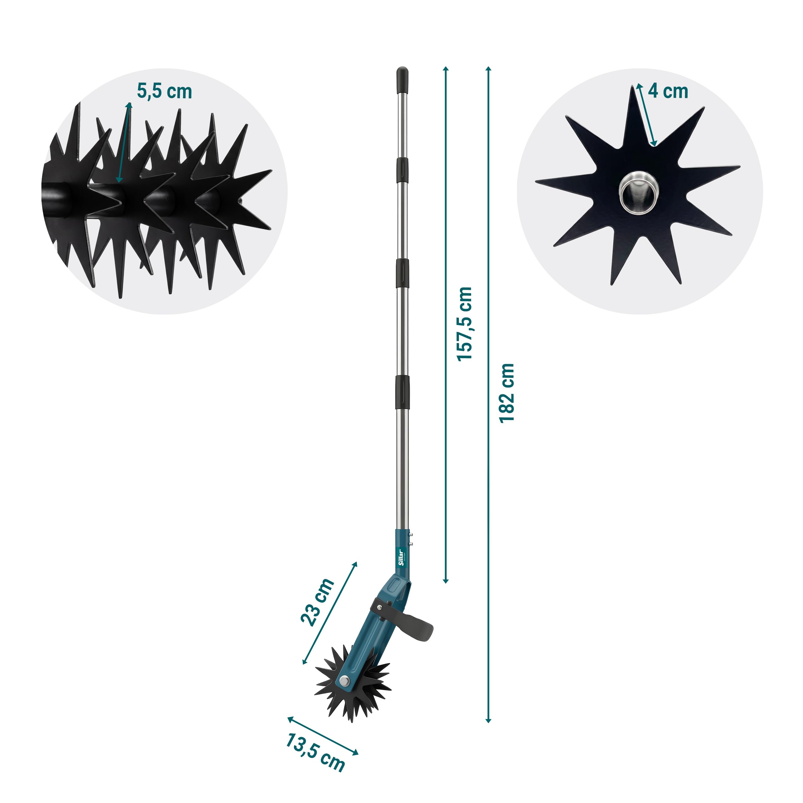 Sillar Coltivatore 2 in 1 Manuale, Arieggiatore Rotativo con Sarchiatore per Erbacce, Attrezzo da Giardino in Acciaio Inox e Manganese per Prato, Orto, Terreno, 182 cm