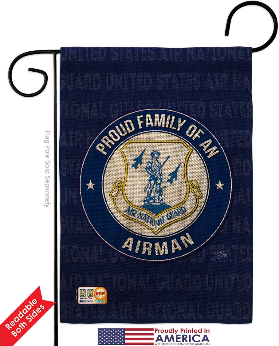 Air Force Proud Family Airman Burlap Burlap Garden Flag Set with Stand Armed Forces National Guard ANG United State American Military Veteran Retire Official Gift Yard House Double-Sided 13 X 18.5