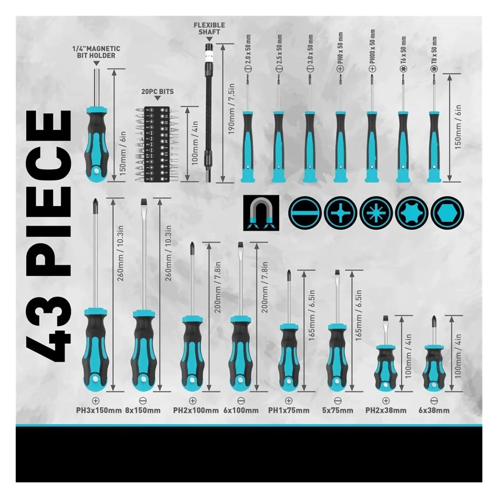 Juego de destornilladores magnéticos 43 piezas en combinación herramientas manuales azules