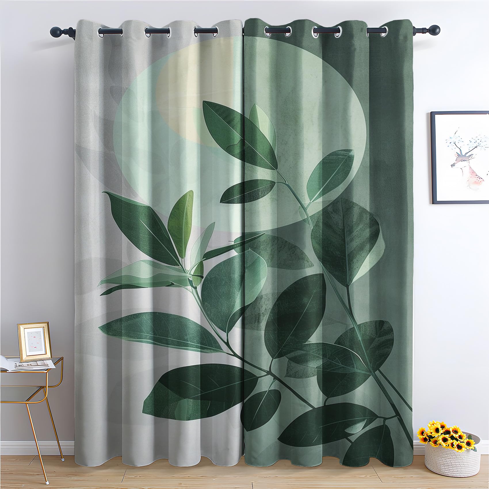 Generisch Vorhänge Blätter - Grüne Blätter Botanisch Fenster Gardinen mit Ösen, Vorhang Blickdicht Verdunklungsvorhänge Thermovorhang für Wohnzimmer Schlafzimmer Deko 2er Set, H 200 x B 140 cm V-#227