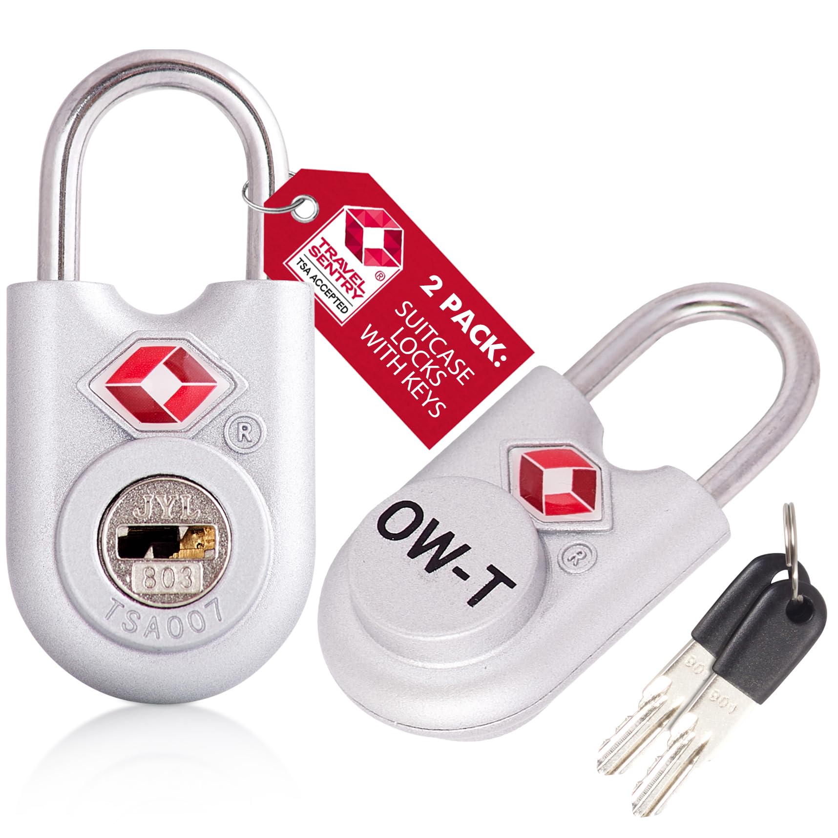 OW-Travel TSA Kłódka z Kluczykiem ​(Zestaw 2 Silver) Zamki Bagażowe na Klucz. Wytrzymałe Kłódki Bagażowe z Zamkiem na Klucz do Bagażu, Torby, Walizki, Plecaka, Szafki na Siłowni