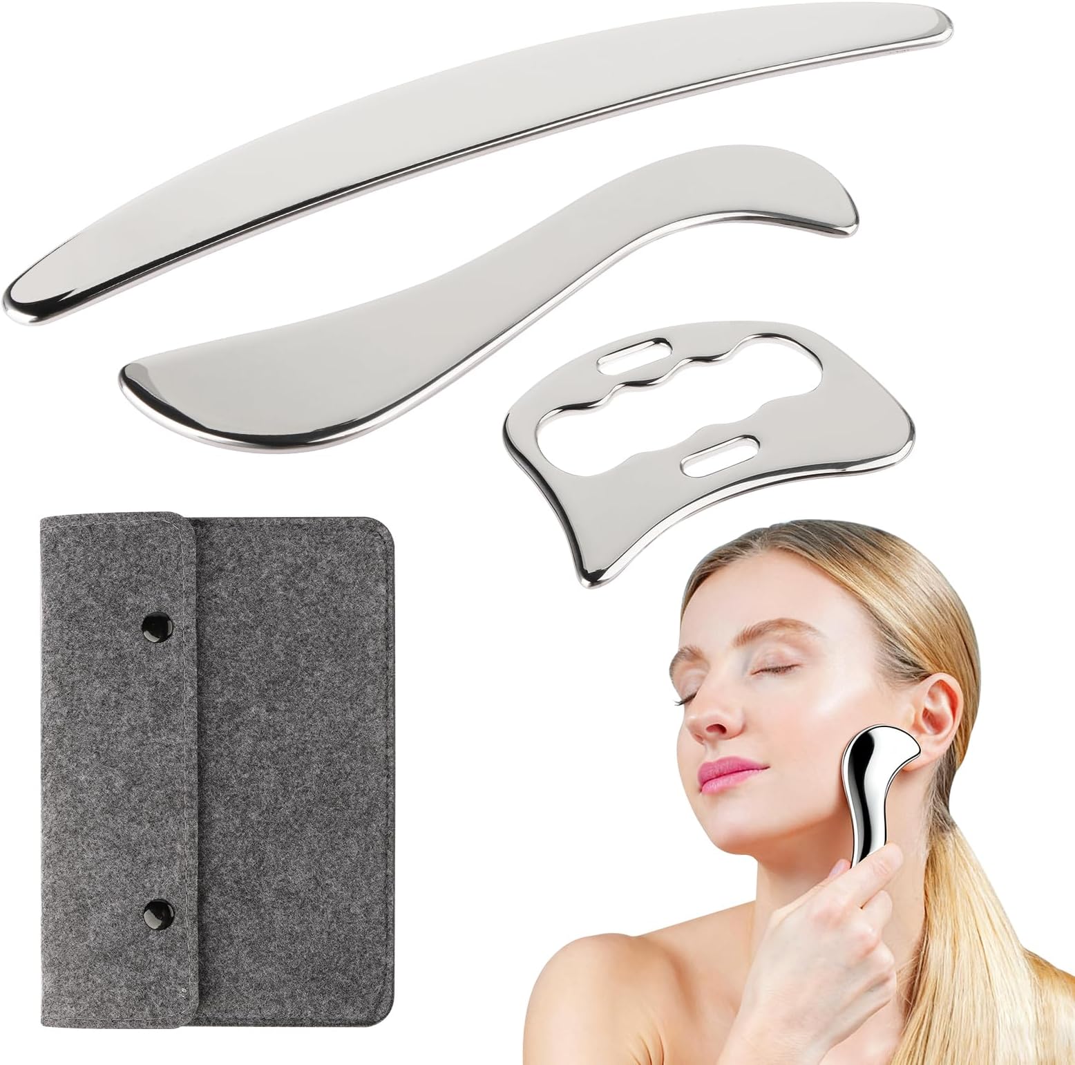 3 Pieces Gua Sha Stainless Steel Gua Sha Stone Face Tool, Body Gua Sha Tools for Muscle Relaxation, 3-in-1 Gua Sha Scraper with Felt Storage Bag, Full Body Cellulite Massage