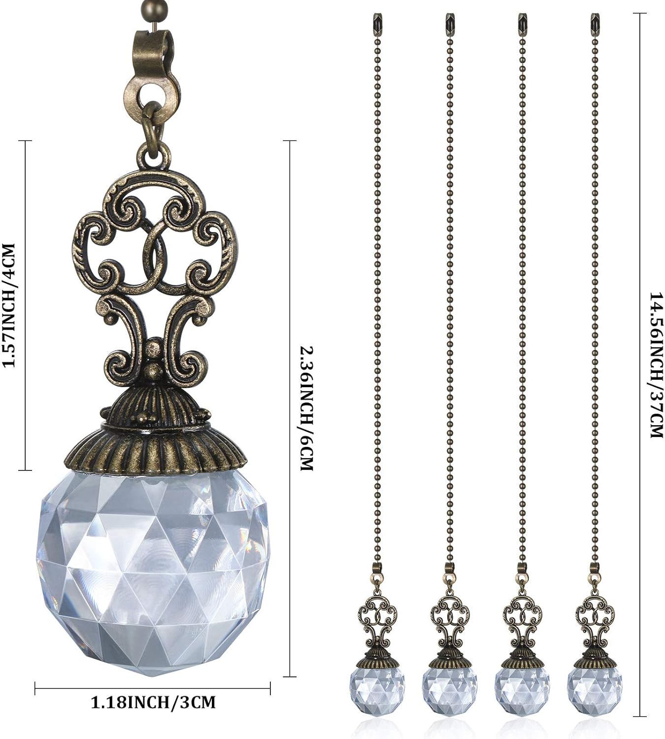 Hicarer Ceiling Fan Pull Chains Crystal Light Fan Pull Chain Pendant with Ball 12 Inch Vintage Ceiling Fan Chain Extender Ornament Chain for Fan Pull (Transparent,4 Pieces)
