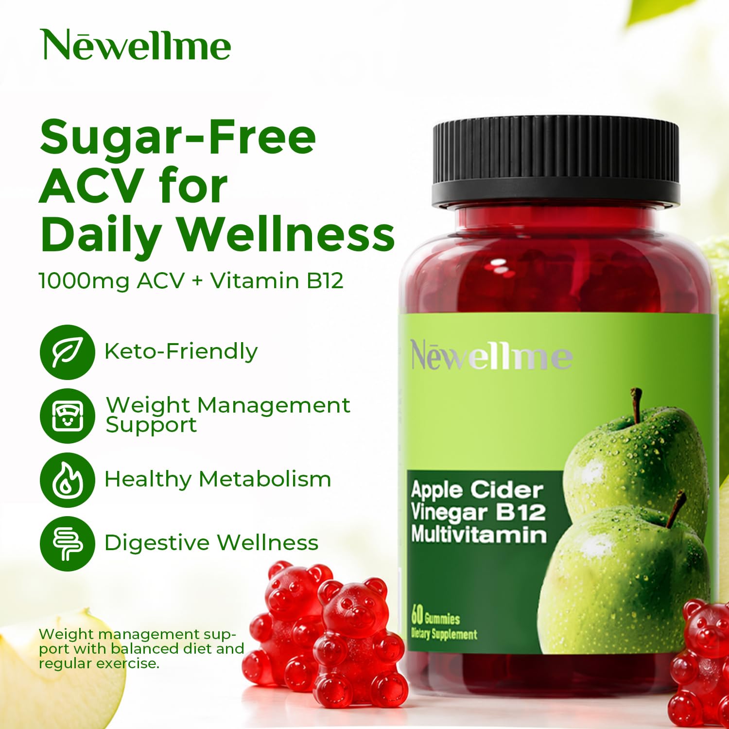 NEWELLME Sugar-Free Apple Cider Vinegar Gummies with B12,30 Counts — Amazon image 2