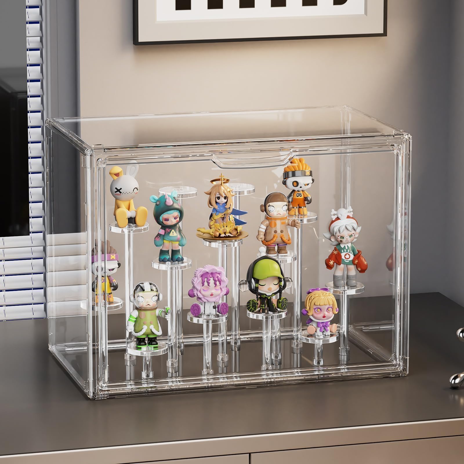 GUDEMAY Clear Acrylic Display Case for Collectibles with Magnetic Door, Stackable Storage Cabinet Box, Cylinder Risers, Dustproof Showcase for PopMart, Action Figures, Blind Box Figures, Toy