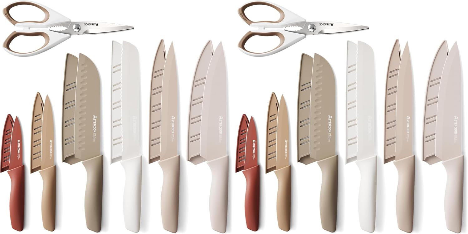 Astercook Knife Set, 13 Pieces Kitchen Knives Set with Healthy Anti-Rust Coating, Dishwasher Safe, Stainless Steel Chef Knife Sets with 6 Blade Guards, Perfect Holiday Gifts for Kitchen (Pack of 2)