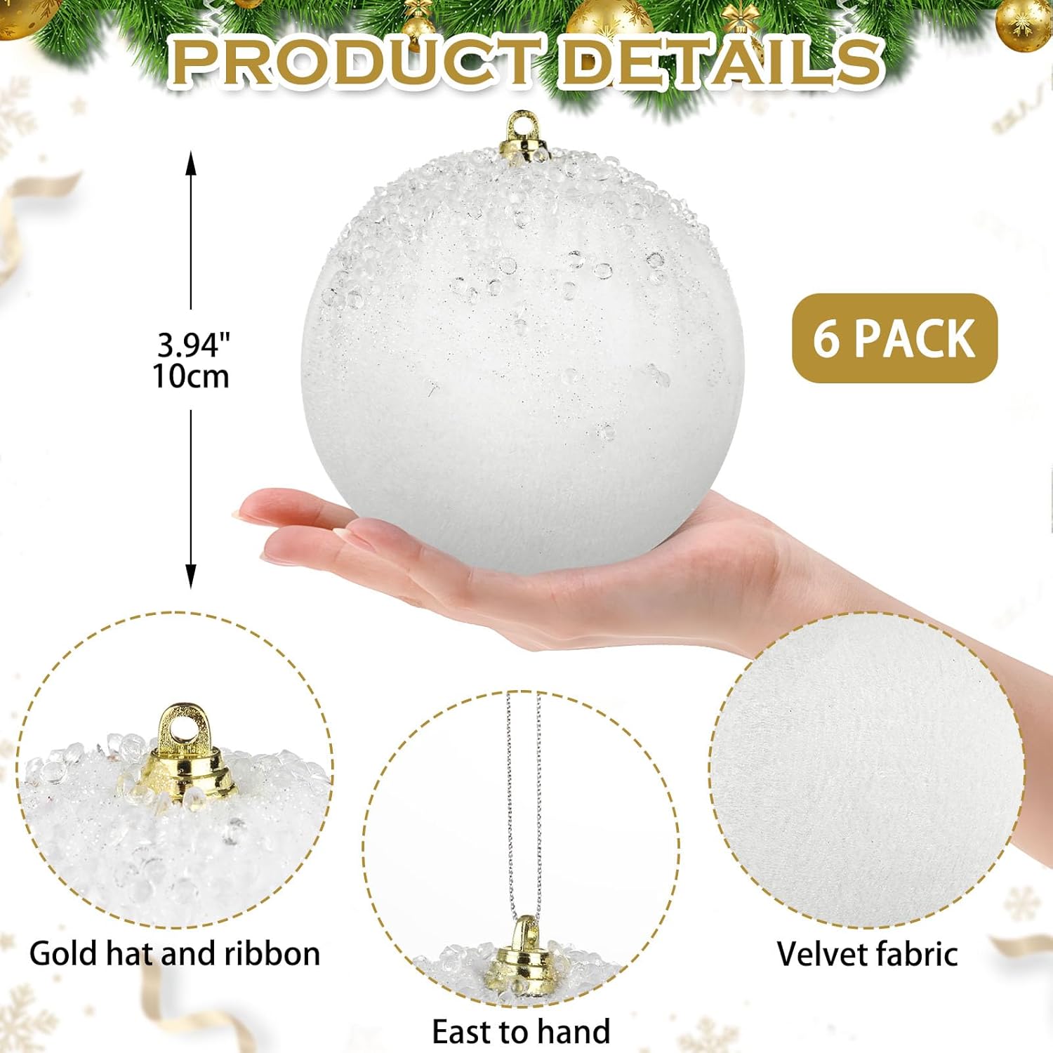 ネイチャークラフト 6個 9.9 cm ベルベット クリスマス ボール オーナメント セット キラキラ 飛散防止 クリスマス ツリー