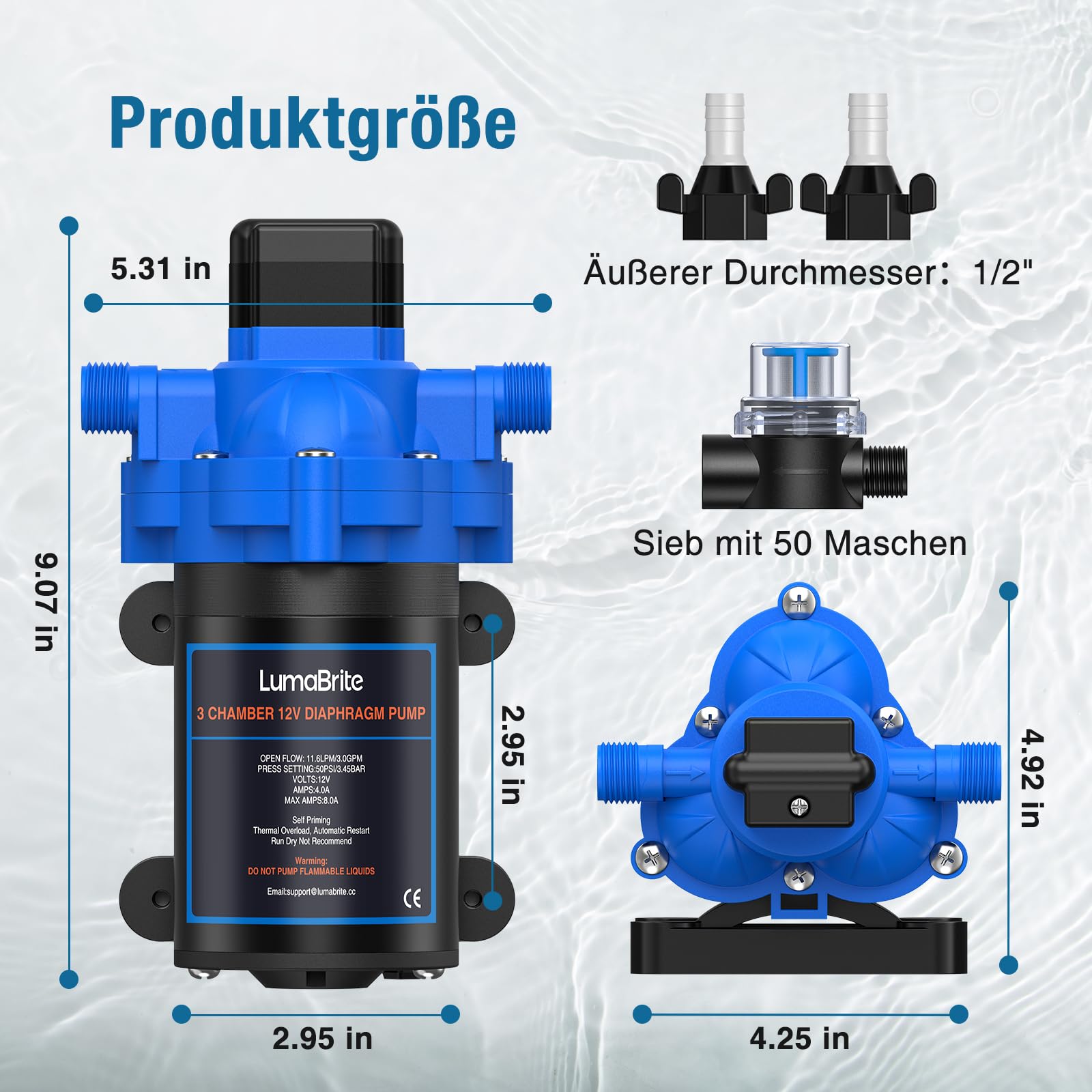 Wasserpumpe 12V Druckwasserpumpe, 3.0 GPM 50 PSI Wasserpumpe Selbstansaugend mit Druckschalter Wohnwagen 12v Membranpumpe für Camping Gartenbewässerung, Boote
