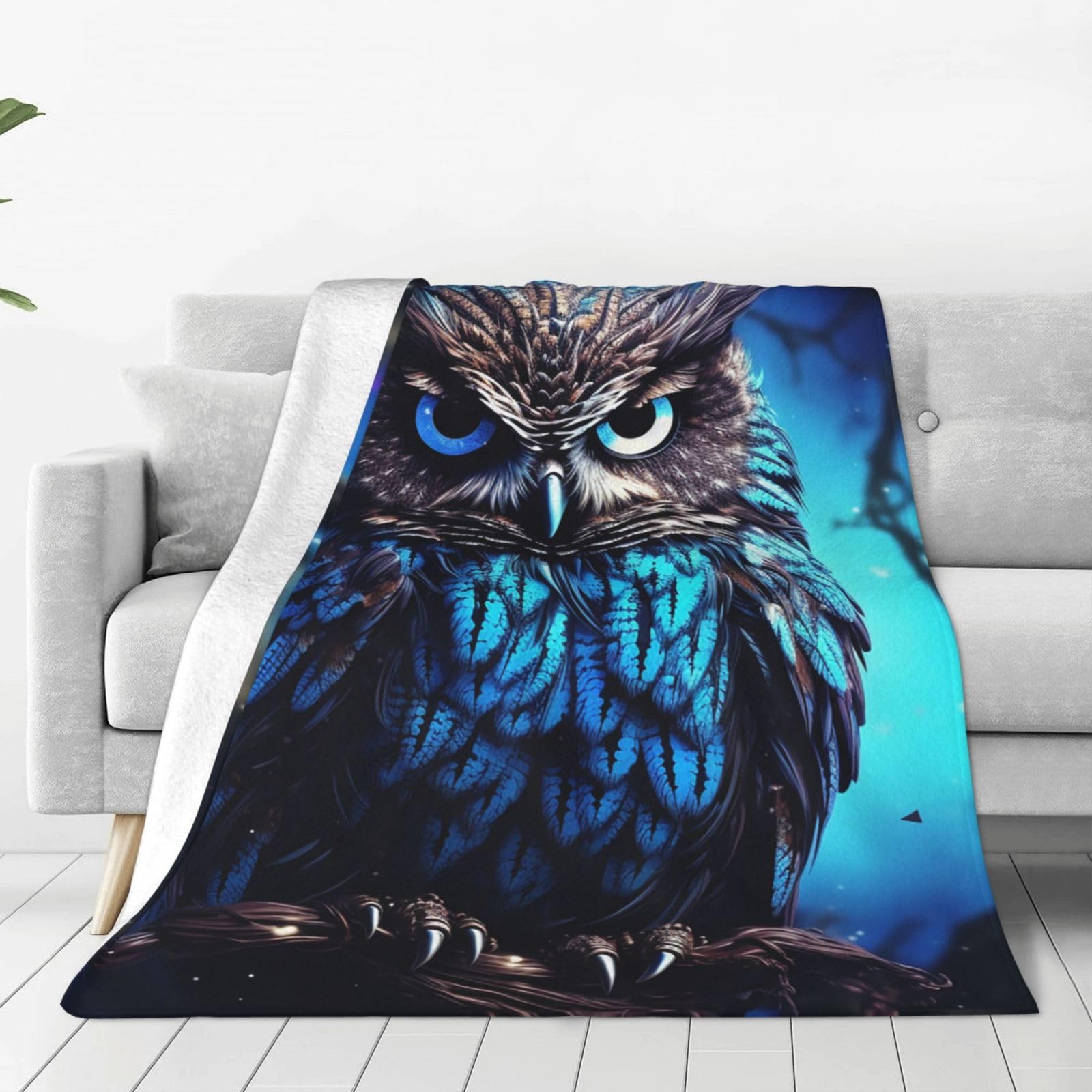 KLOPH Blue Owl Throw Blanket 60"x50" Flannel Fluffy Warm Blanket for Couch, Reversible Plush Blankets for Bed, Comfy Fuzzy Blanket for Sofa, Plush Lightweight-Blankets for All Season