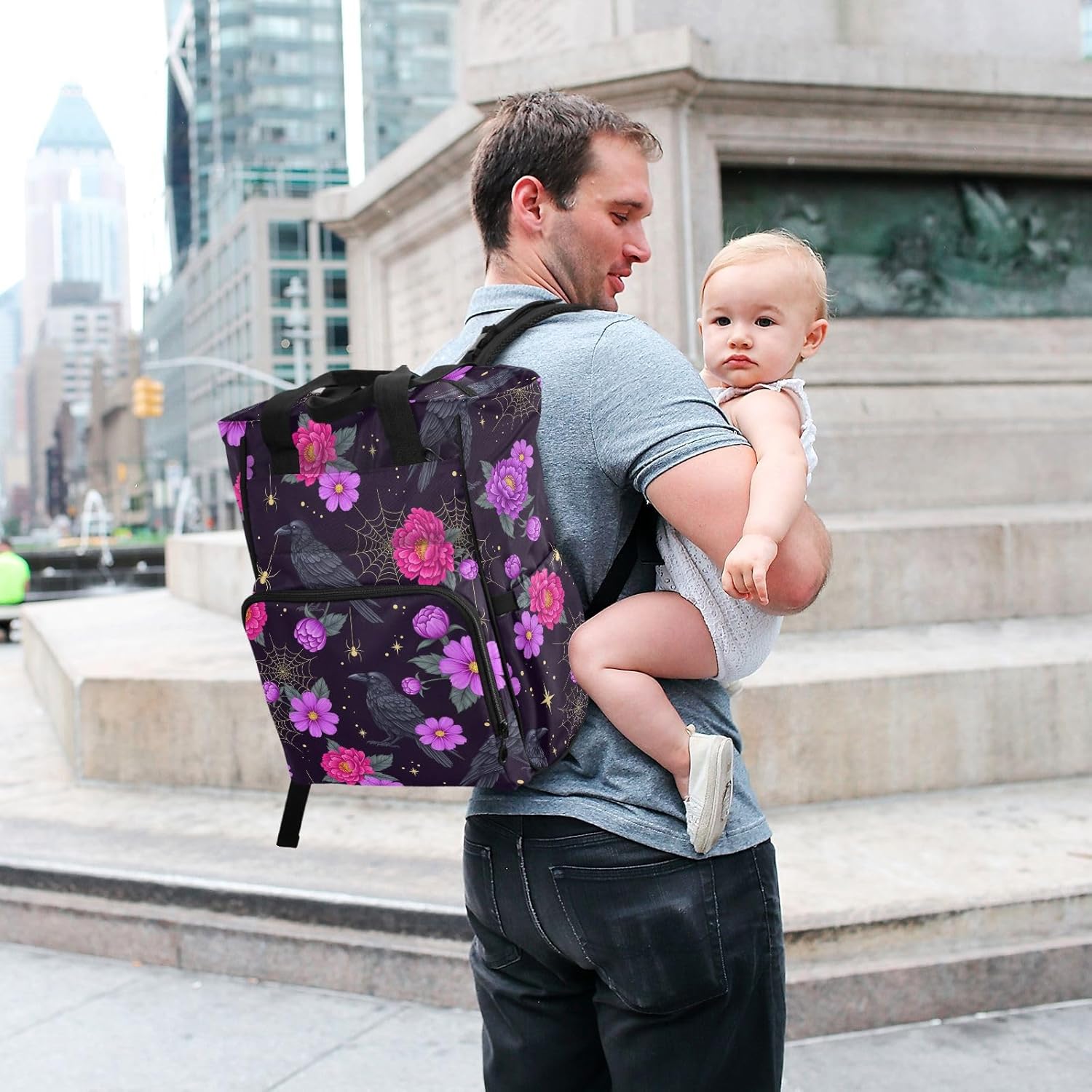 Flowers Crows Black Pattern Diaper Bag Backpack for Baby Boys Girls Multifunction Baby Essentials Travel Tote with Stroller Straps & Bottle Storage Large Travel Diaper Backpack for Dads Moms Baby