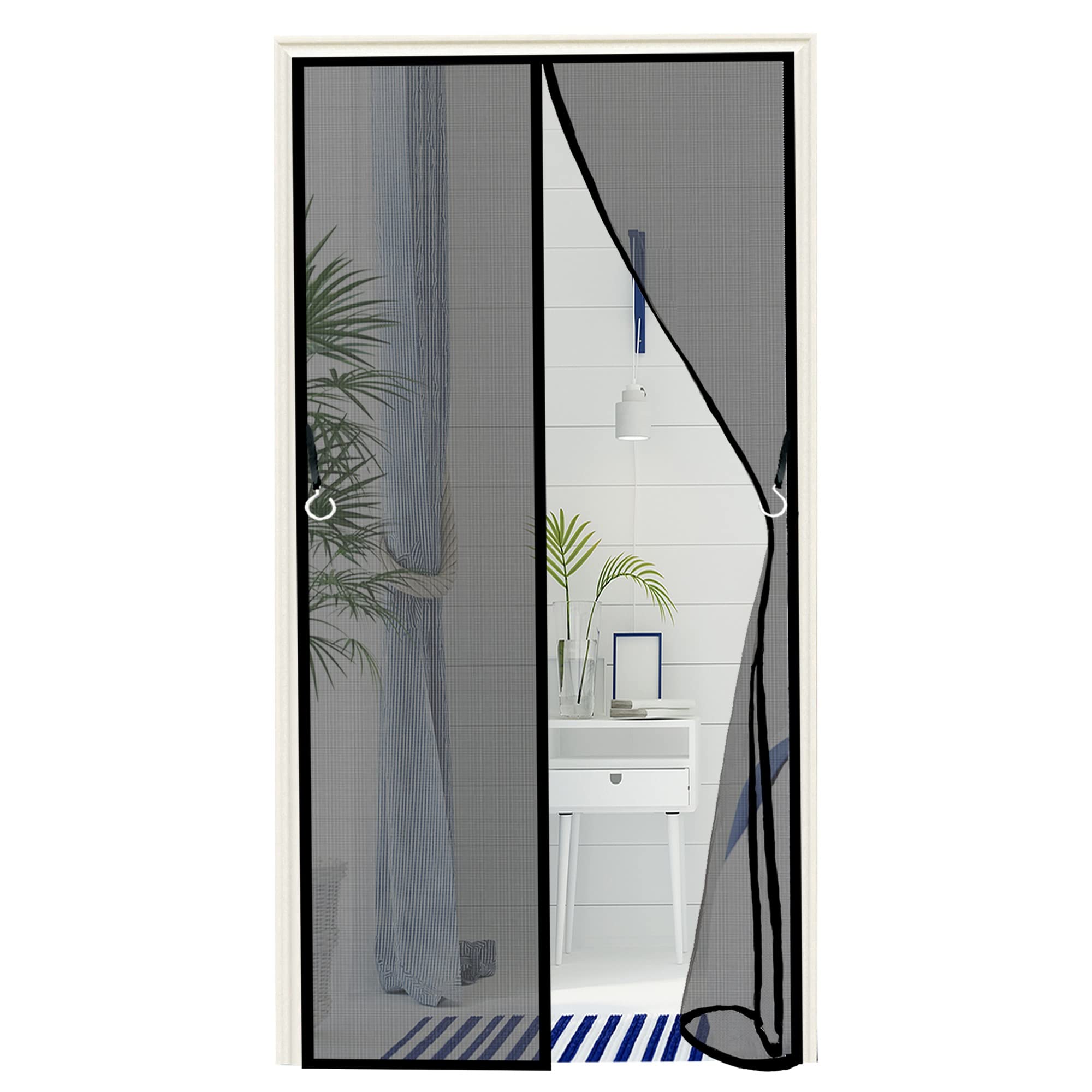 Ttmled Black Magnetic Screen Door, 135X210cm Anti Mosquito Mesh Fly Curtain, Magnetic Top-To-Bottom Seal Snaps Shuts Automatically, Insect Protection Door No Gap (Black)