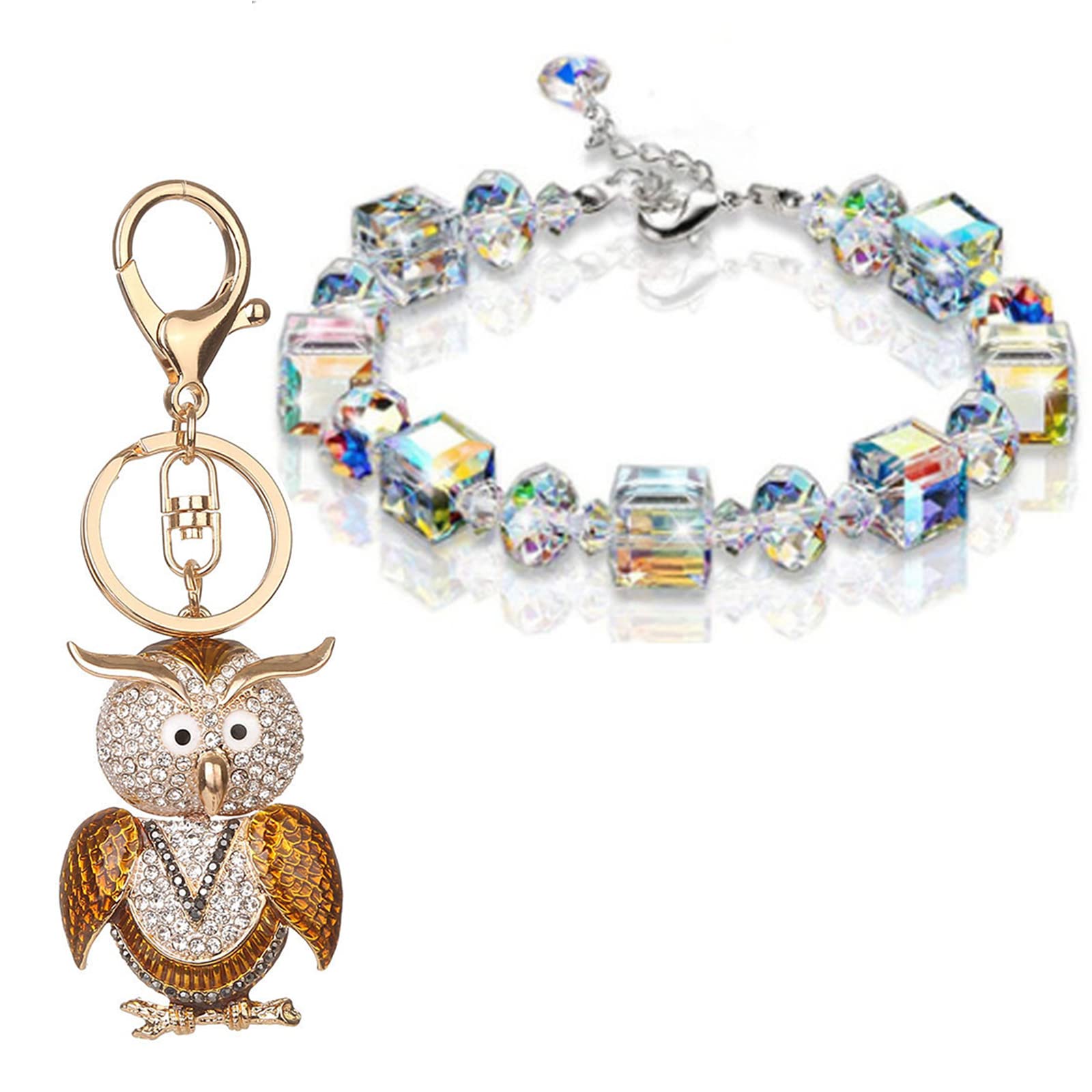 ZHSHCute Bling Crystal Owl Keychain with 1 Pcs Sugar Cube Rhinestone Bracelet, Gold Sparkling Alloy Charm Animal Pendant (A1), Gold, 1
