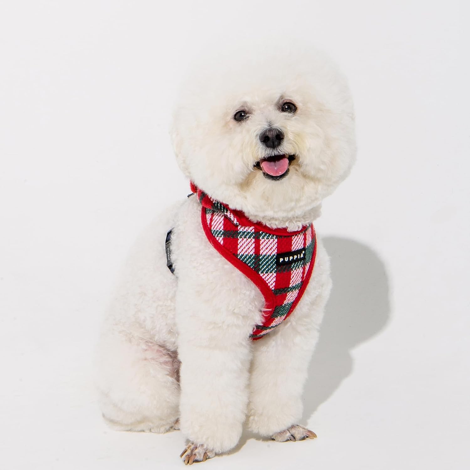 Puppia Festive Hooded Dog Harness Over-The-Head Warm Winter Checkered Pattern Adjustable Chest for Small and Medium Dog, Red, Medium