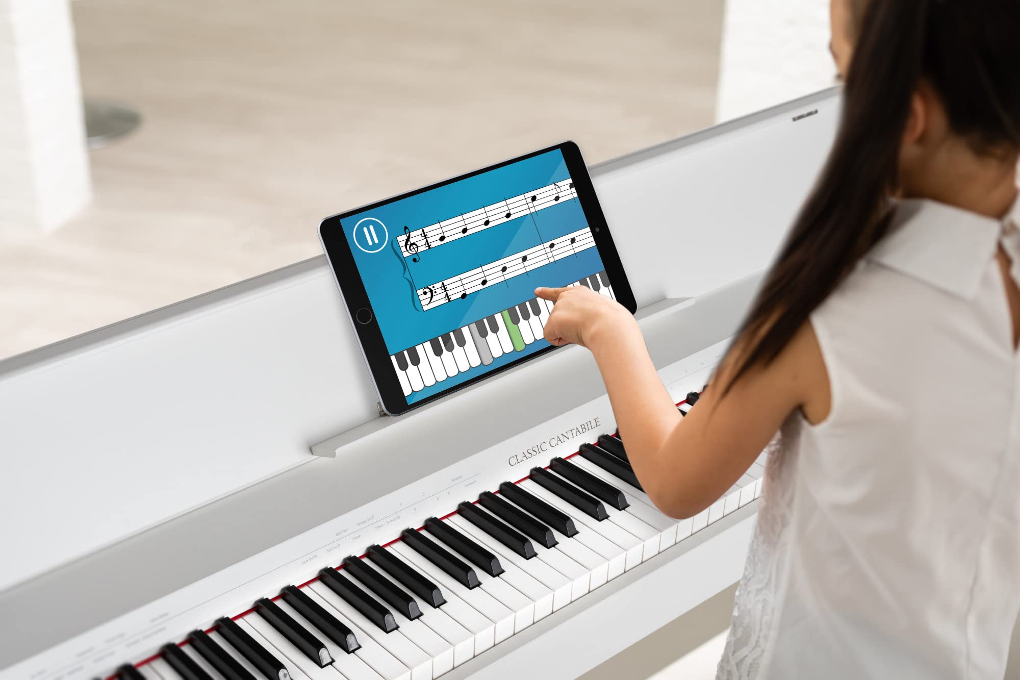 Classic Cantabile DP-S1 WM E-Piano Weiß matt, 64-fache Polyphonie | 88 gewichtete Tasten mit Hammermechanik, Anschlagsdynamik in 5 Stufen einstellbar, 1 interner Demo-Song, 10 Klänge, Dual