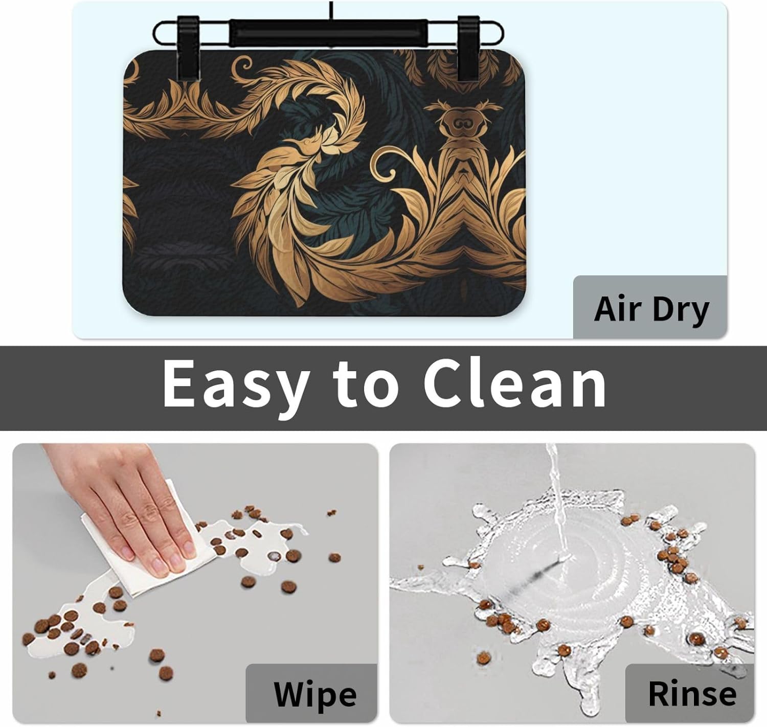 Dog Food Mat Pet Leather Tablecloth Gold and Black Pattern Pet Feeding Mat Anti-Slip Dog Bowl Mats Absorbent Pet Placemats for Dogs Protect Floor Dogs Mats for Food and Water