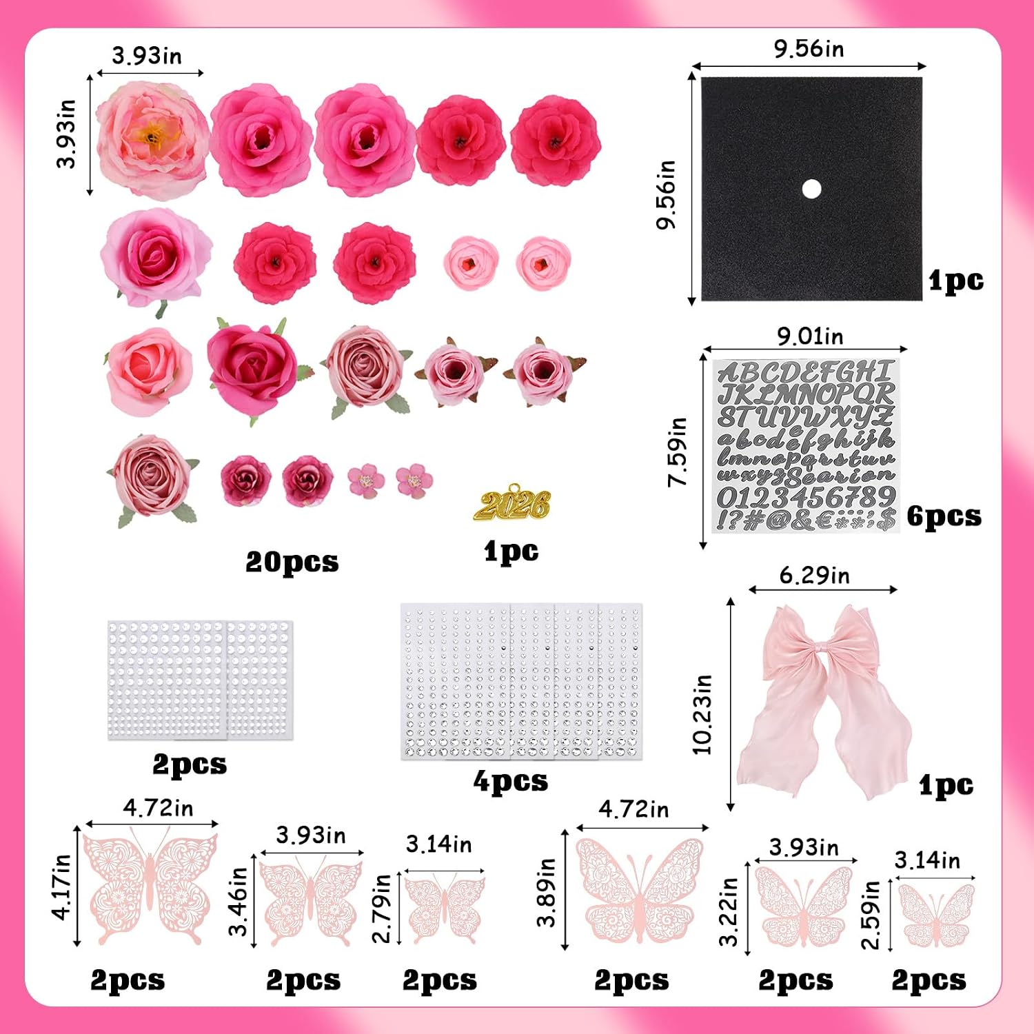 Jollyboom Graduation Cap Decorations Kit Rose Red, 2026 Graduation Cap Decorations Cap Topper DIY Craft Assorted Flowers Butterfly Stickers Pink Bow Trim Gold 2026 Pendant for Graduation Cap DIY
