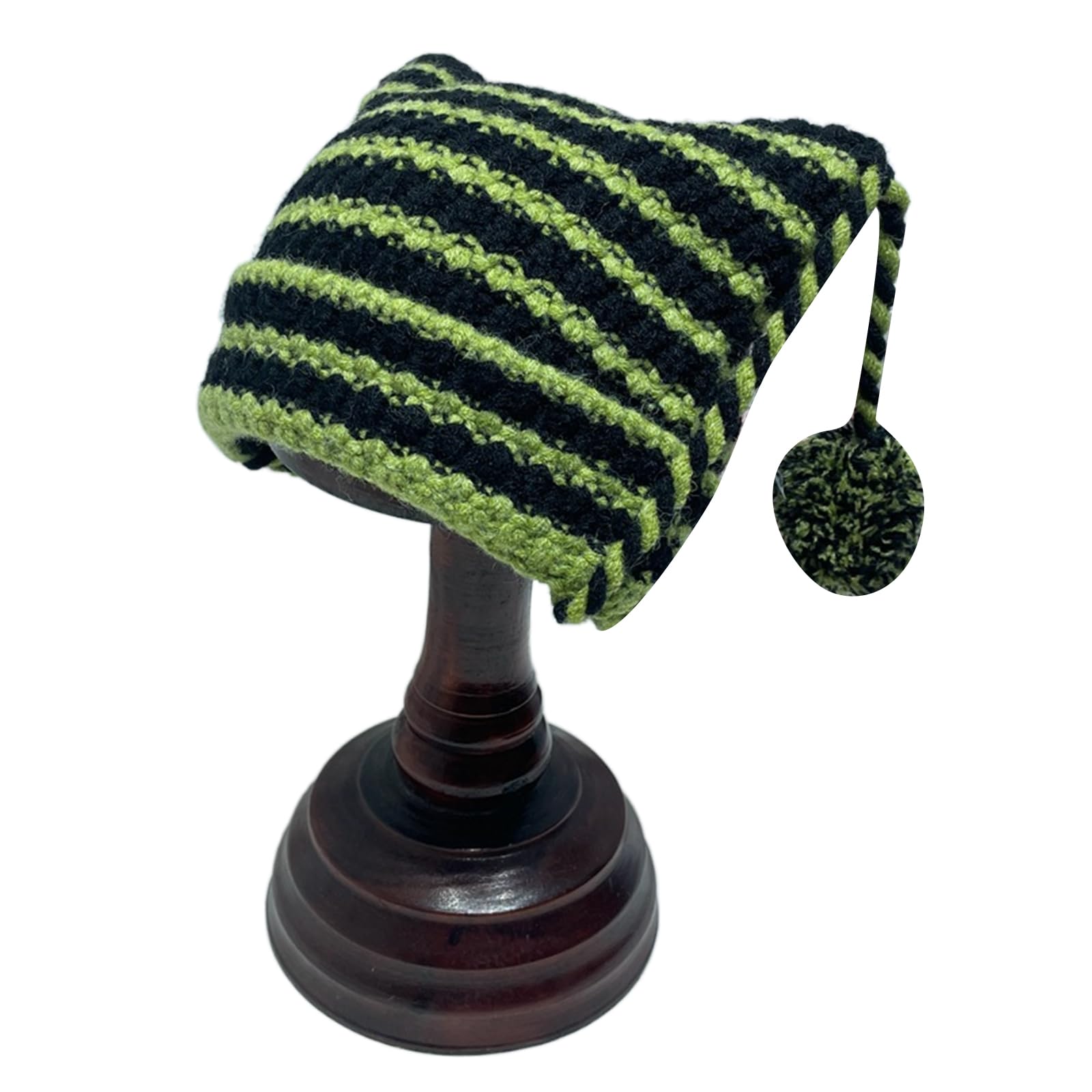 Knit Stripe Pattern Cat Ear Hat Elastic Windproof Hat with Pompoms Decor Ear Protector Hat Winter Cycling Skiing Hat Green